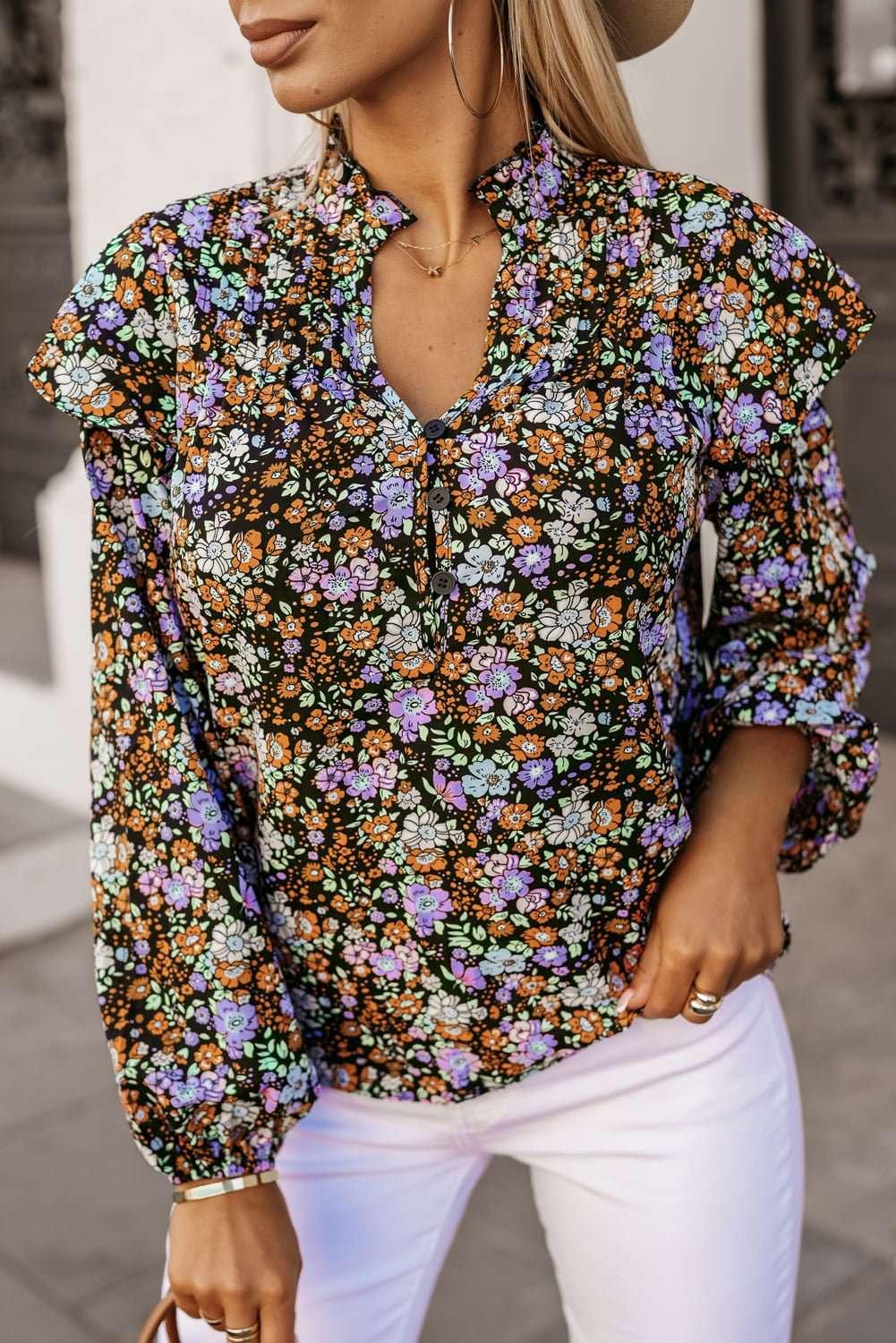 Floral Notched Neck Blouse - VILLA FASHION