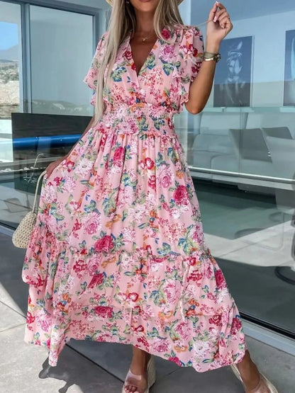 Floral Print Flutter Sleeve Maxi Dress - VILLA FASHION