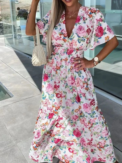 Floral Print Flutter Sleeve Maxi Dress - VILLA FASHION