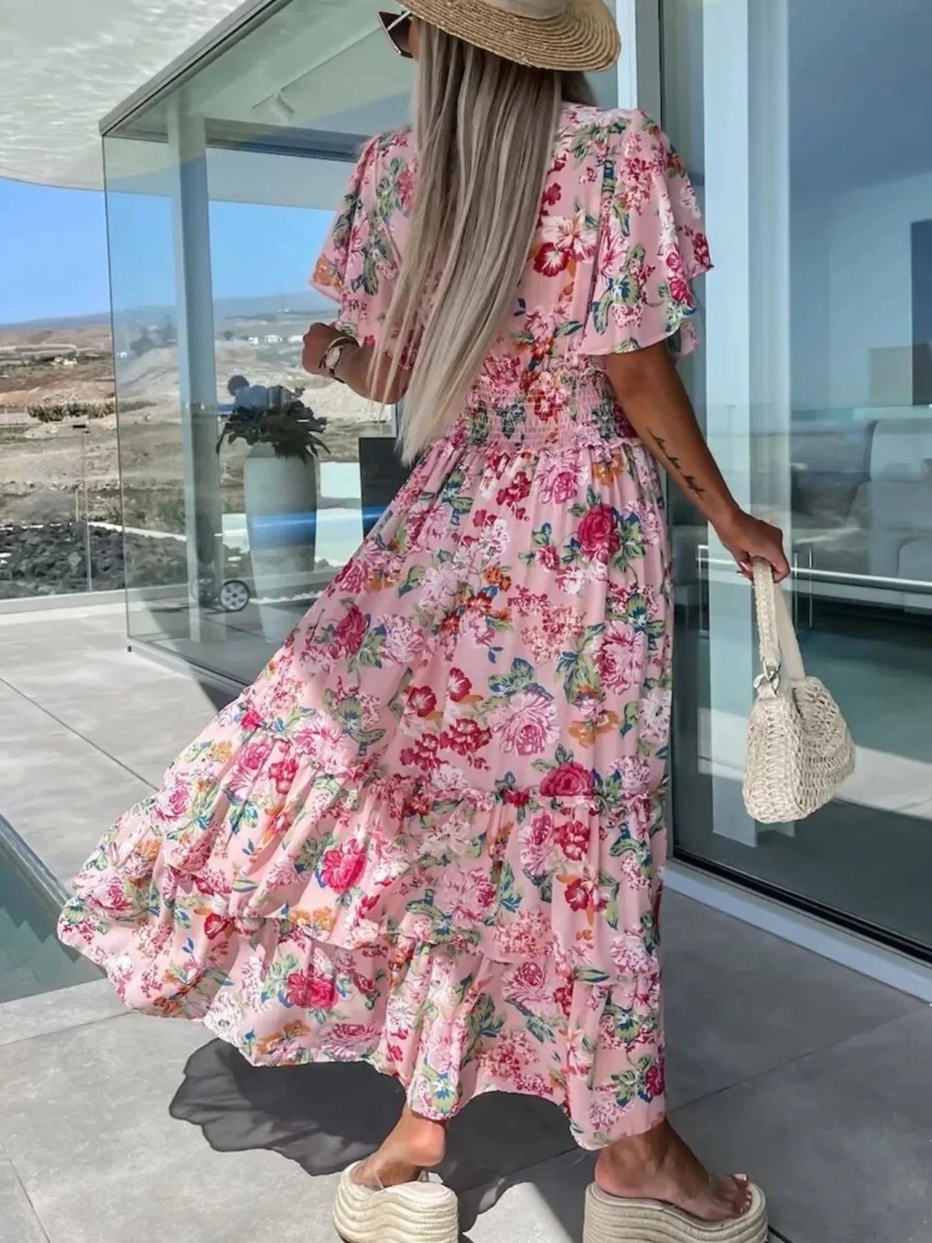 Floral Print Flutter Sleeve Maxi Dress - VILLA FASHION