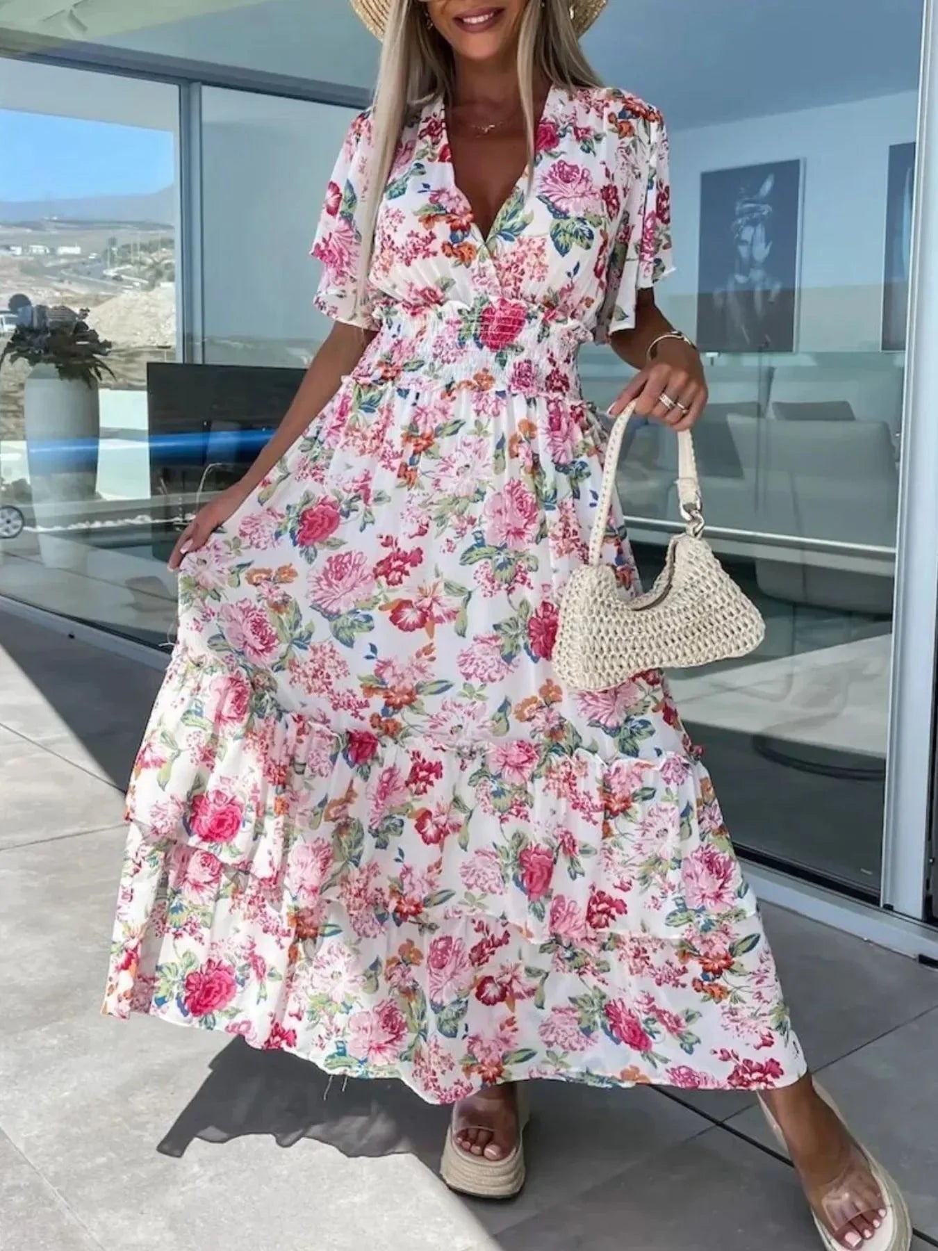 Floral Print Flutter Sleeve Maxi Dress - VILLA FASHION