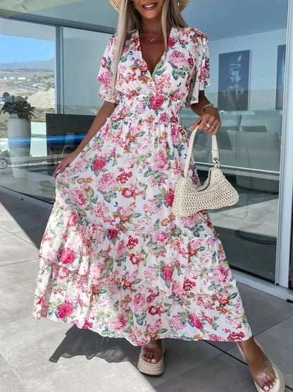 Floral Print Flutter Sleeve Maxi Dress - VILLA FASHION