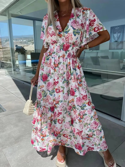 Floral Print Flutter Sleeve Maxi Dress - VILLA FASHION