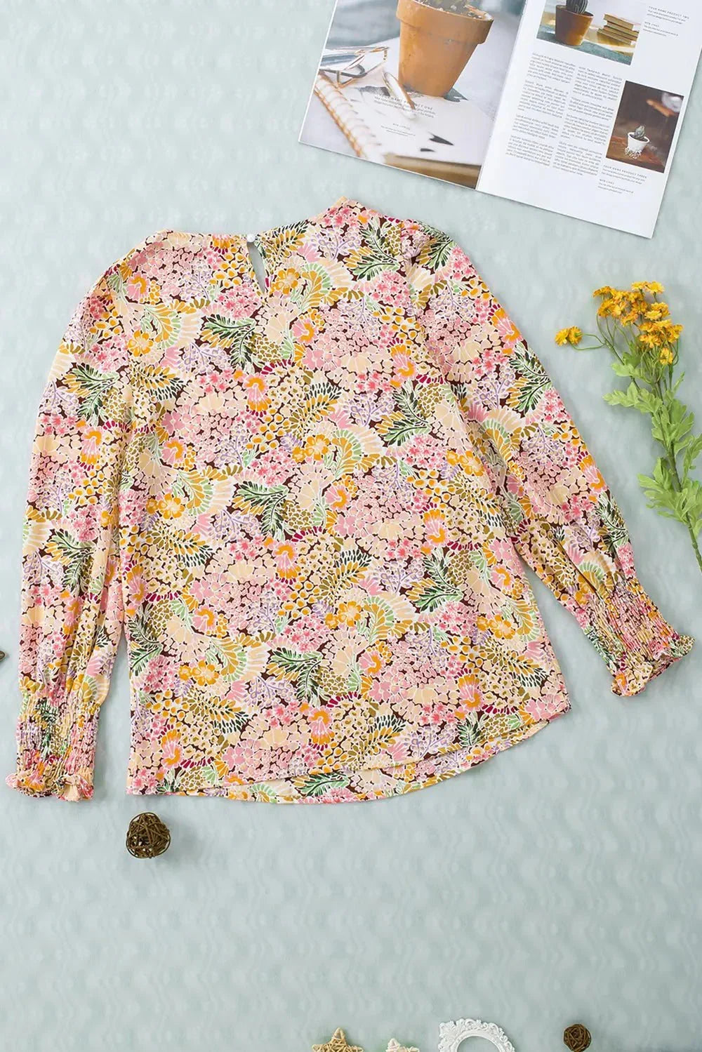 Floral Print Long Puff Sleeve Blouse - VILLA FASHION