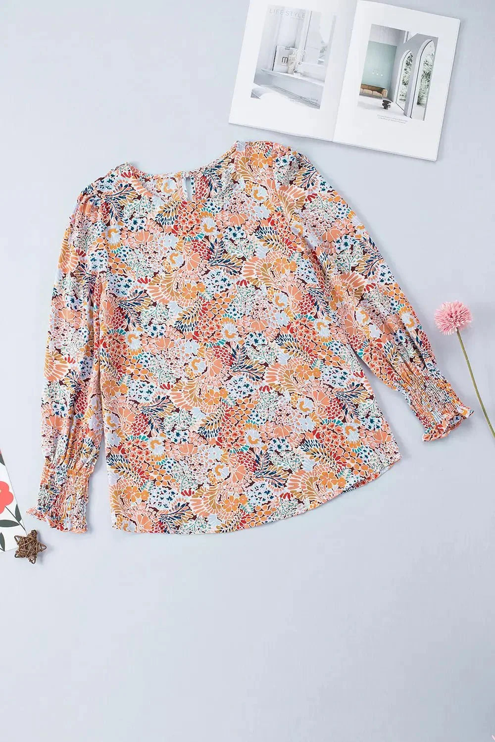 Floral Print Long Puff Sleeve Blouse - VILLA FASHION