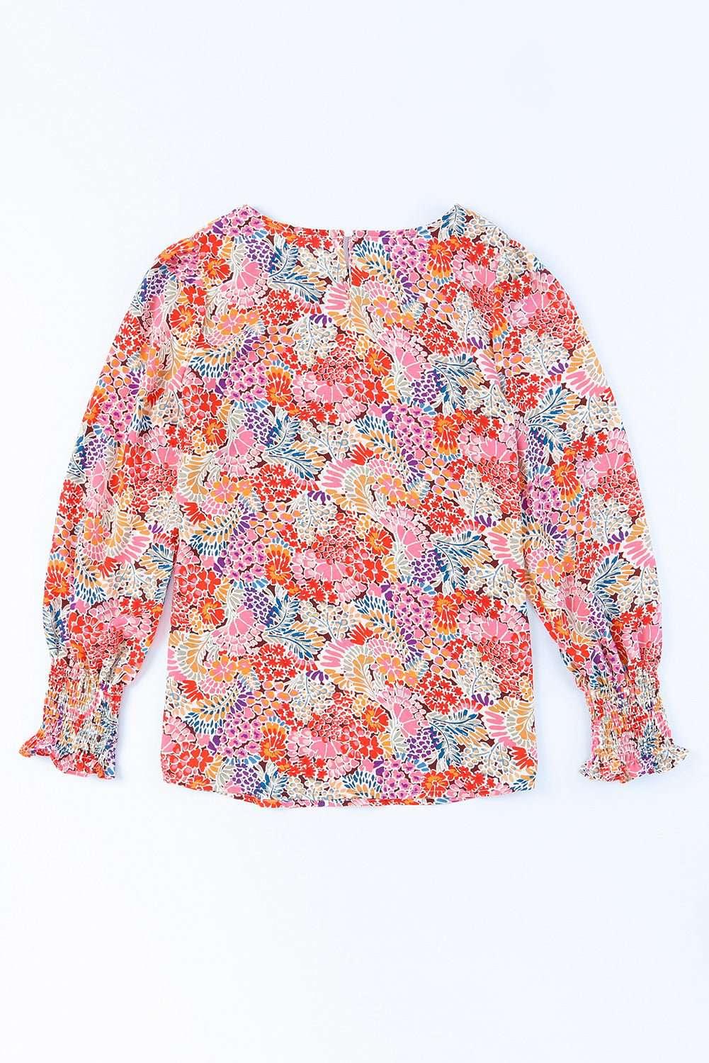 Floral Print Long Puff Sleeve Blouse - VILLA FASHION