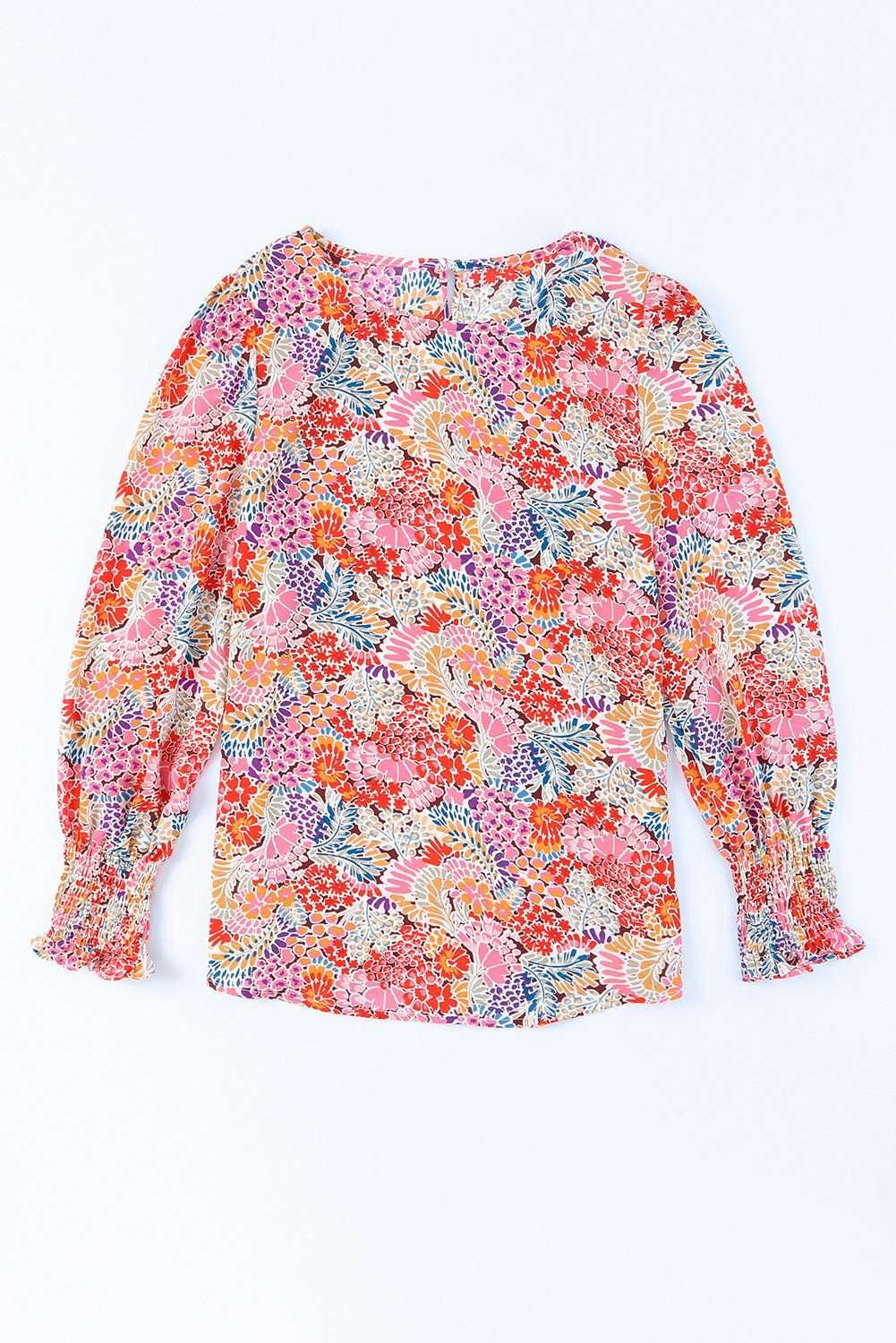 Floral Print Long Puff Sleeve Blouse - VILLA FASHION