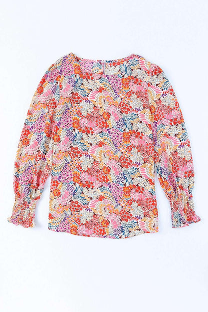 Floral Print Long Puff Sleeve Blouse - VILLA FASHION