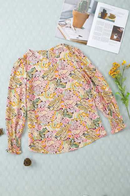 Floral Print Long Puff Sleeve Blouse - VILLA FASHION