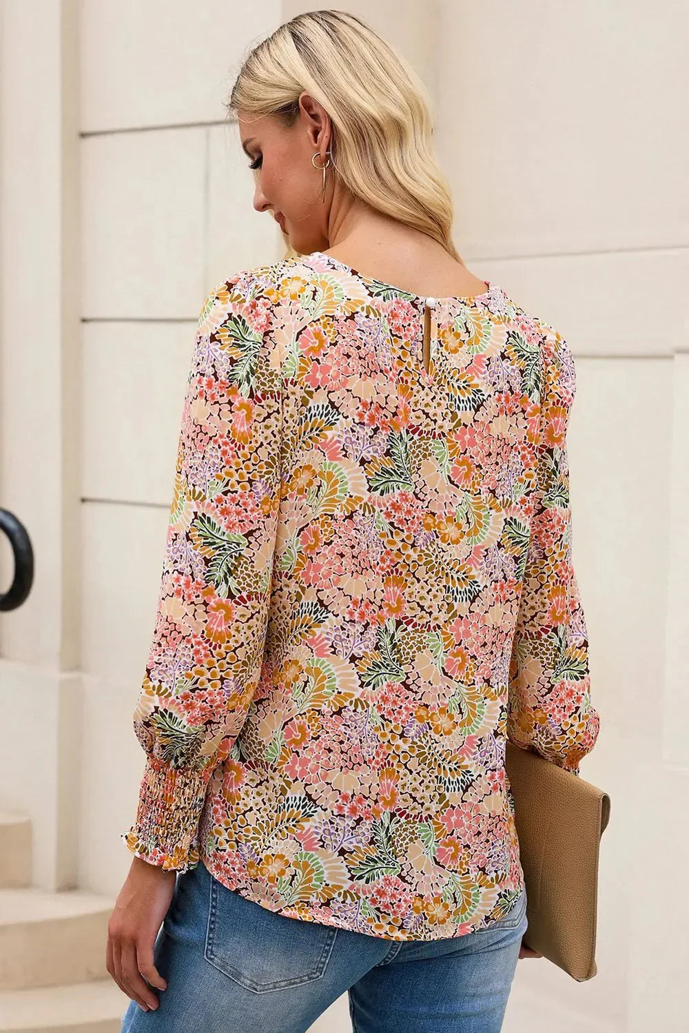 Floral Print Long Puff Sleeve Blouse - VILLA FASHION