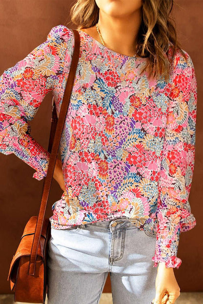 Floral Print Long Puff Sleeve Blouse - VILLA FASHION