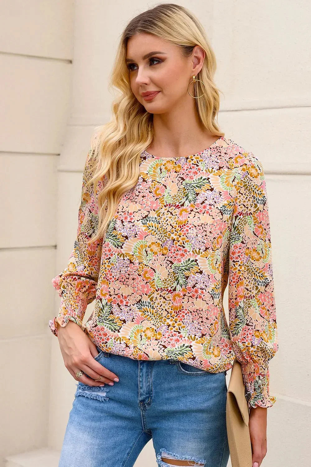 Floral Print Long Puff Sleeve Blouse - VILLA FASHION