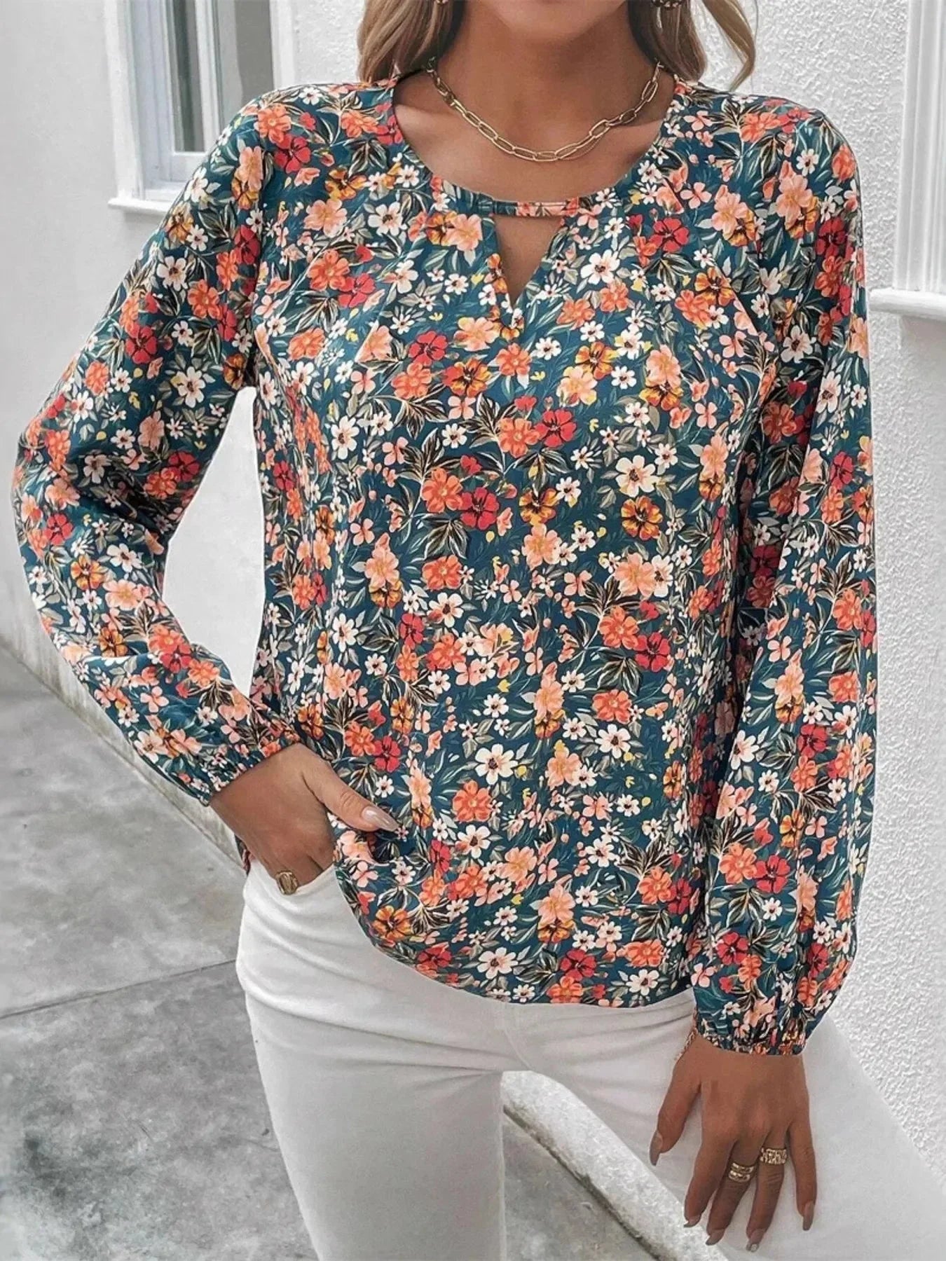 Floral Print Long Sleeve Blouse - VILLA FASHION