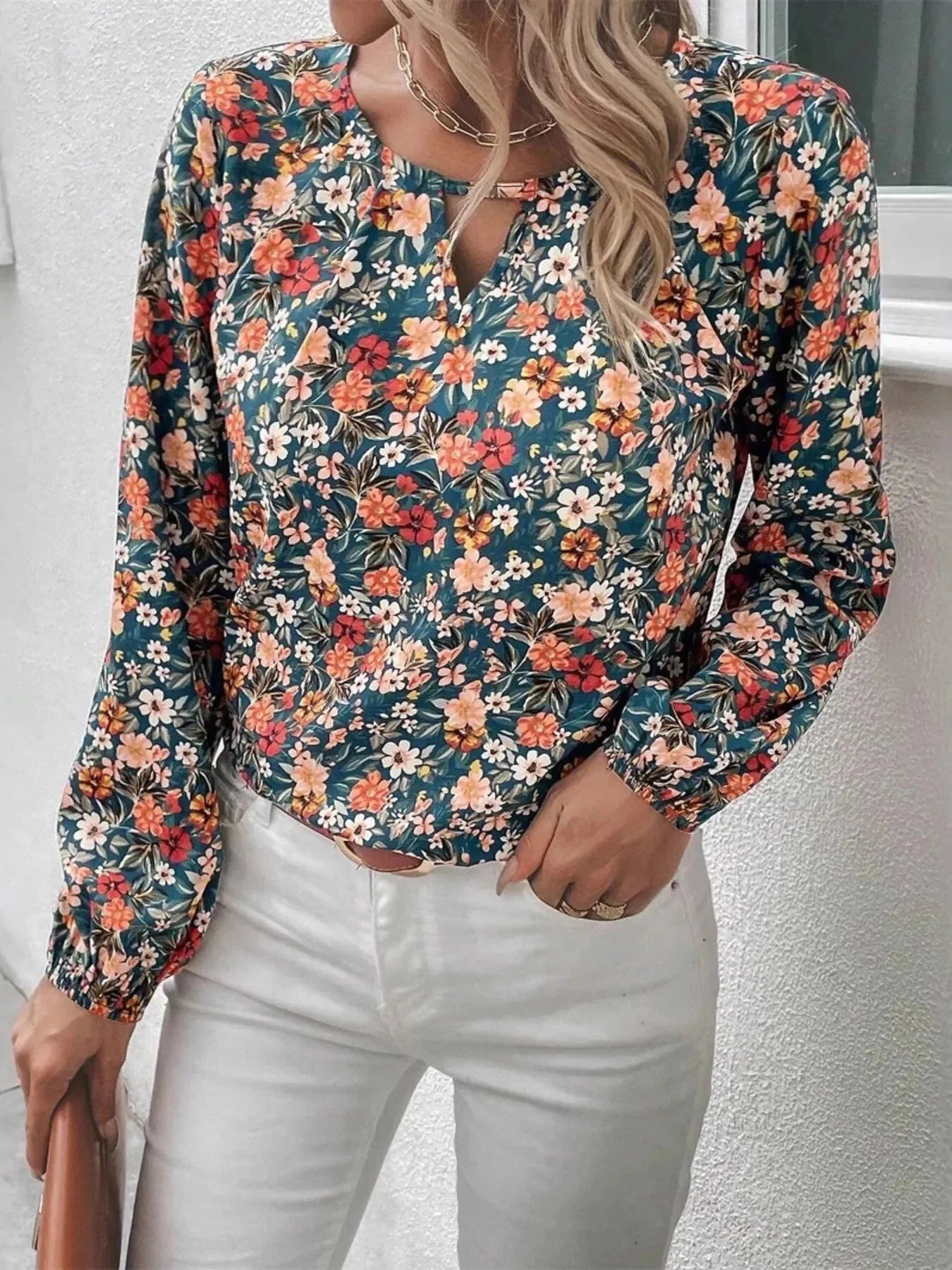 Floral Print Long Sleeve Blouse - VILLA FASHION