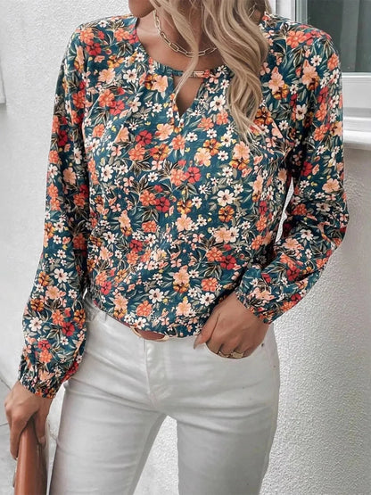 Floral Print Long Sleeve Blouse - VILLA FASHION