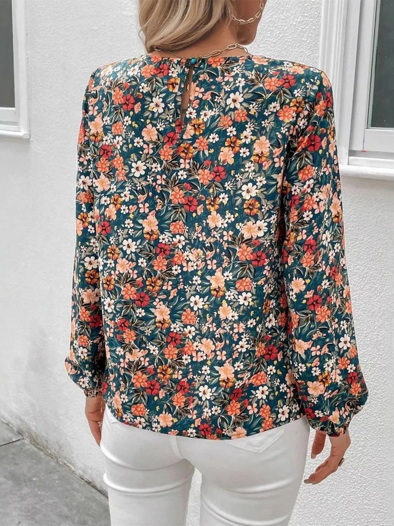 Floral Print Long Sleeve Blouse - VILLA FASHION