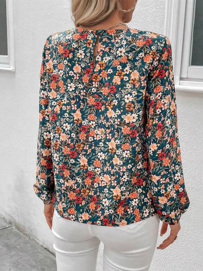 Floral Print Long Sleeve Blouse - VILLA FASHION