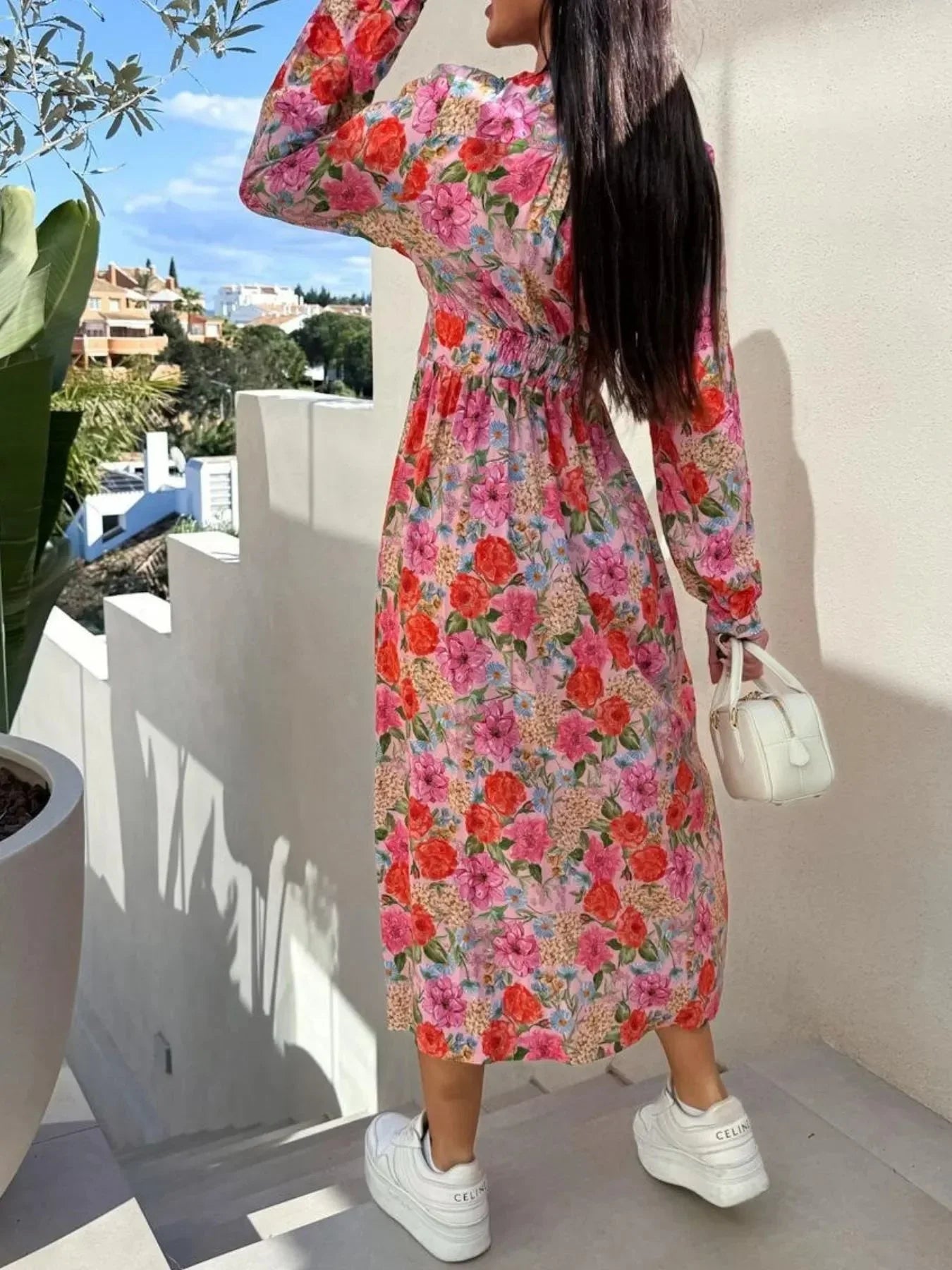 Floral Print Long Sleeve V - Neck Dress - VILLA FASHION