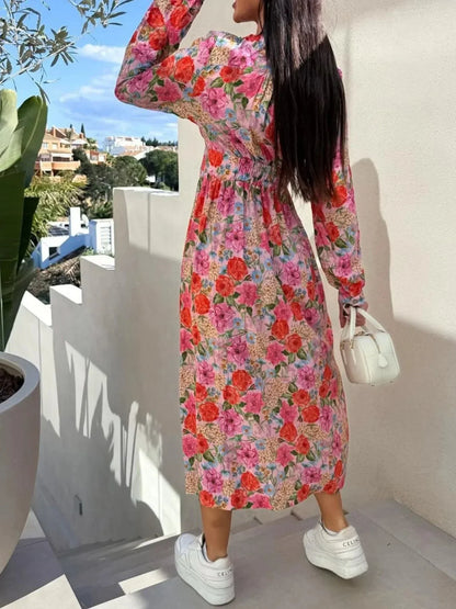 Floral Print Long Sleeve V - Neck Dress - VILLA FASHION
