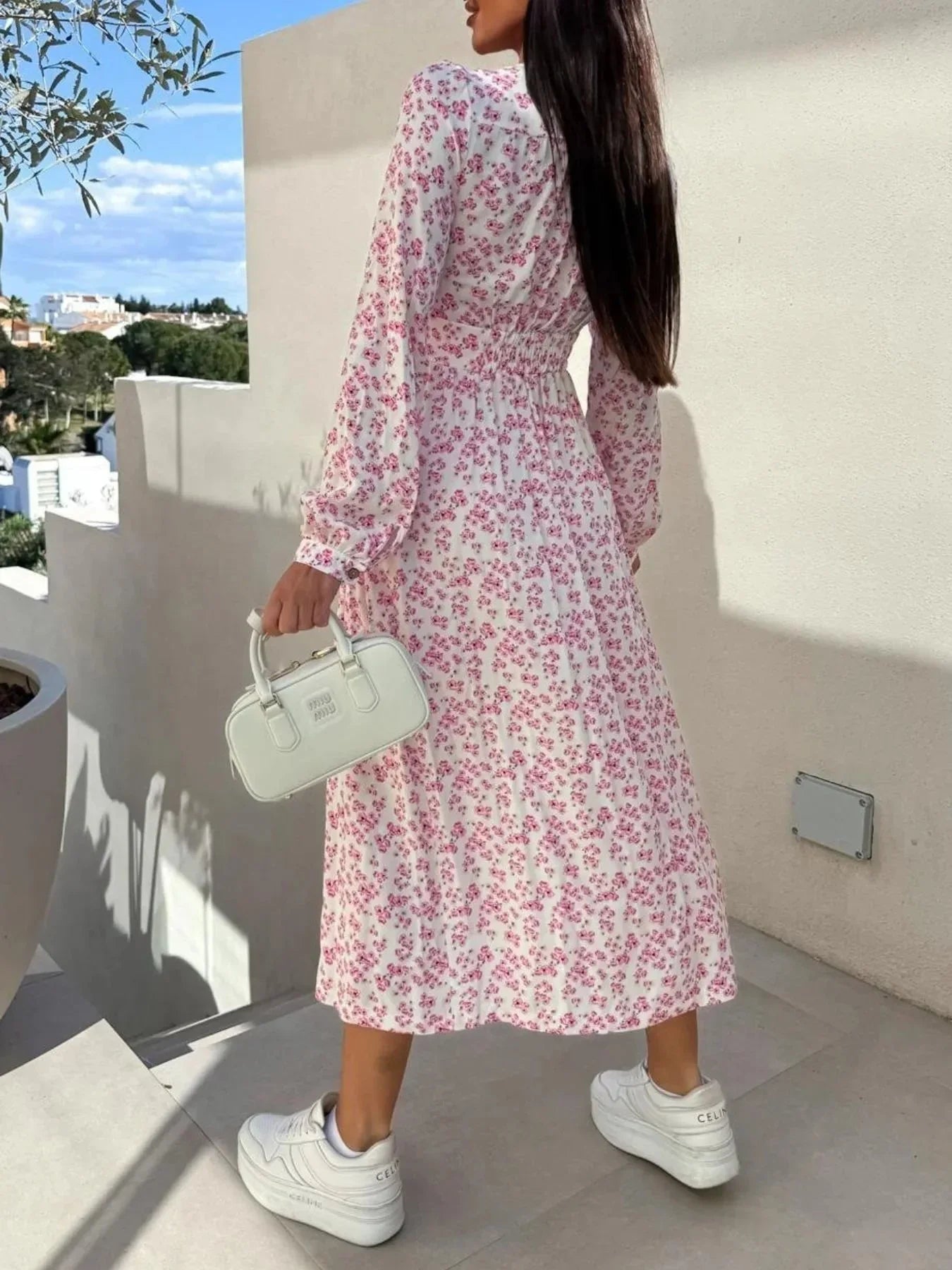 Floral Print Long Sleeve V - Neck Dress - VILLA FASHION