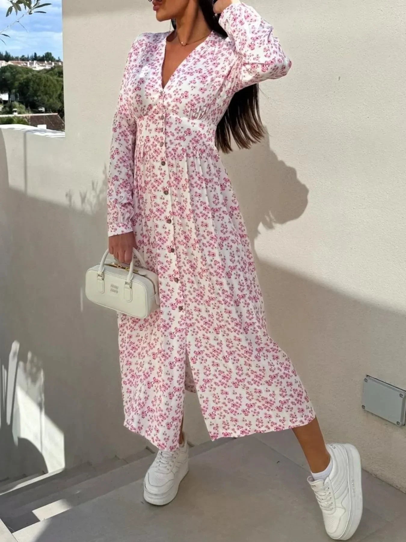 Floral Print Long Sleeve V - Neck Dress - VILLA FASHION