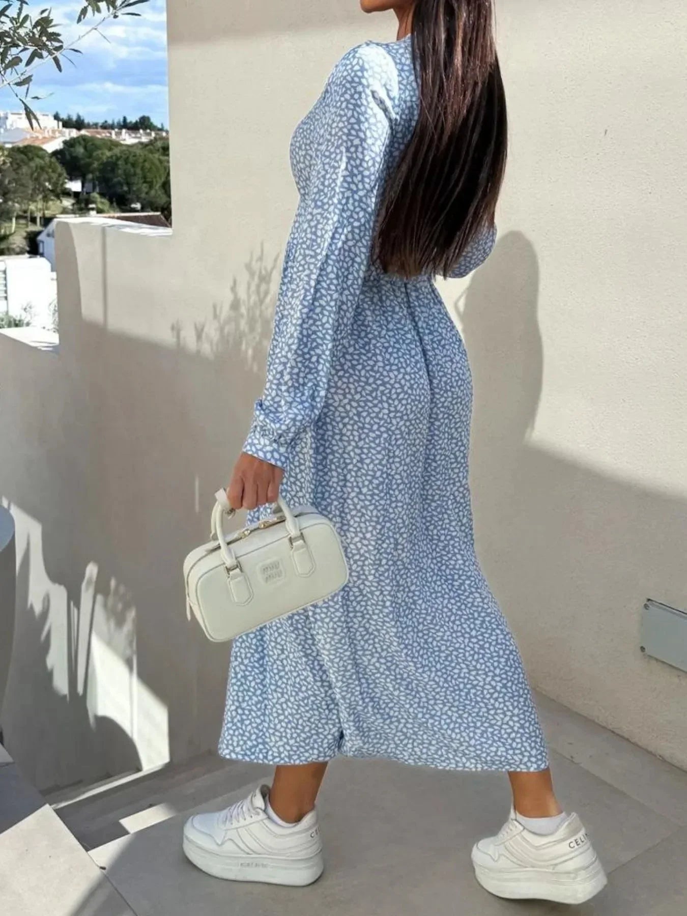 Floral Print Long Sleeve V - Neck Dress - VILLA FASHION