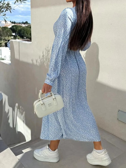 Floral Print Long Sleeve V - Neck Dress - VILLA FASHION