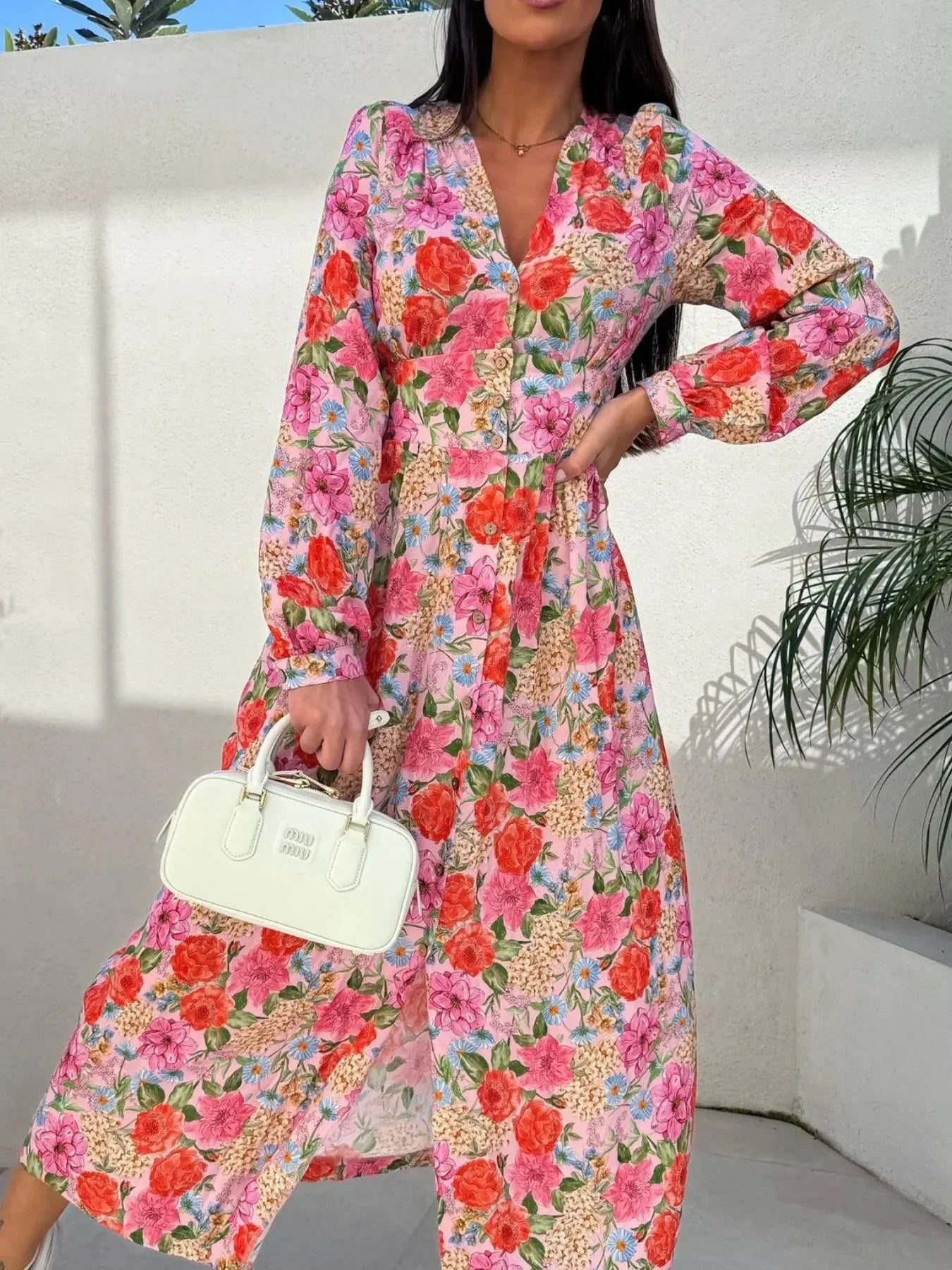 Floral Print Long Sleeve V - Neck Dress - VILLA FASHION