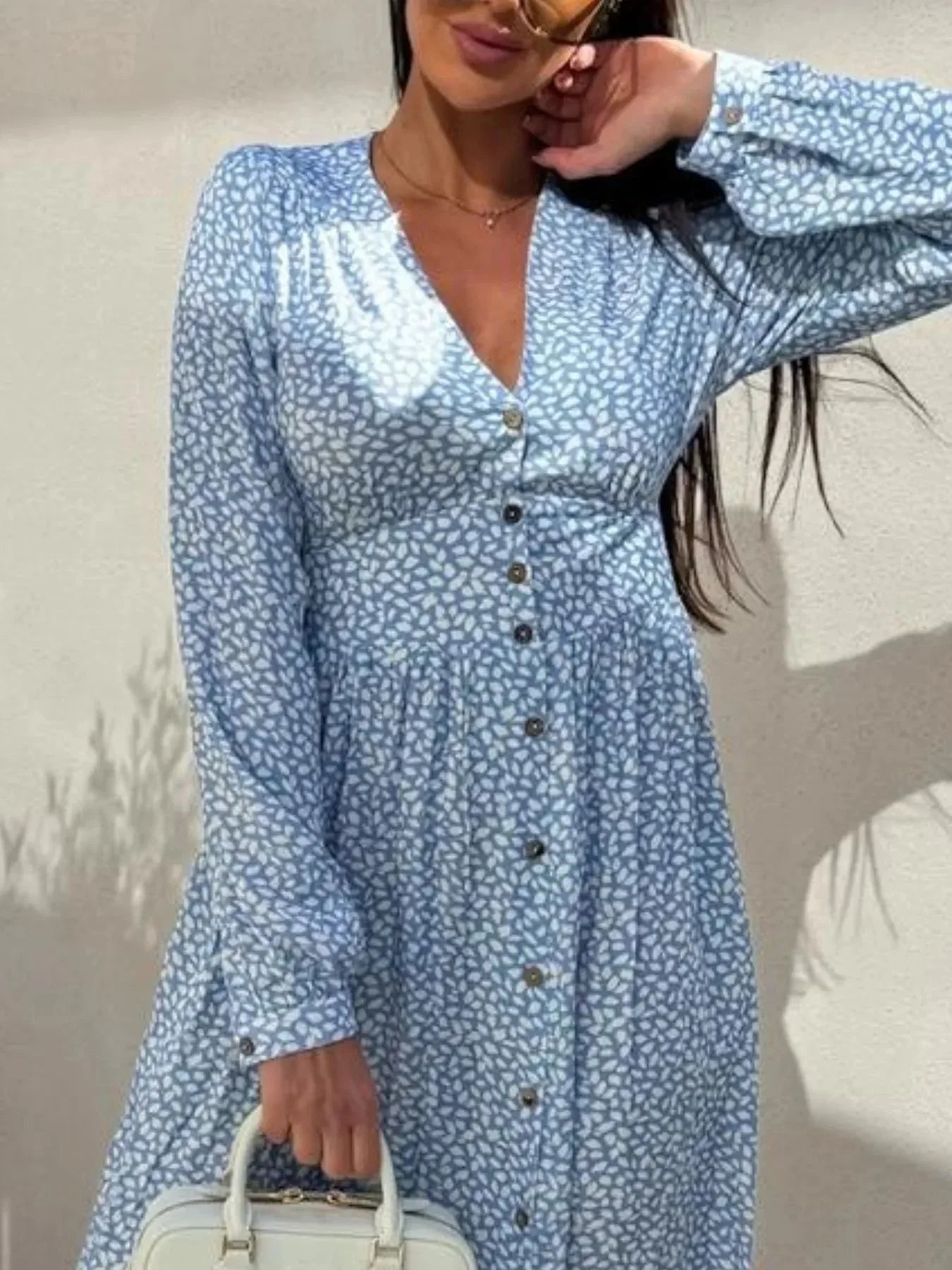 Floral Print Long Sleeve V - Neck Dress - VILLA FASHION