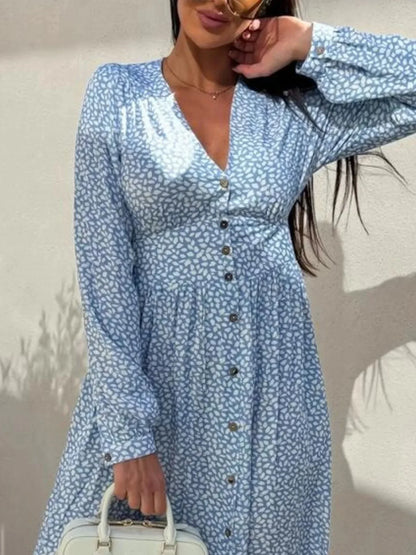 Floral Print Long Sleeve V - Neck Dress - VILLA FASHION