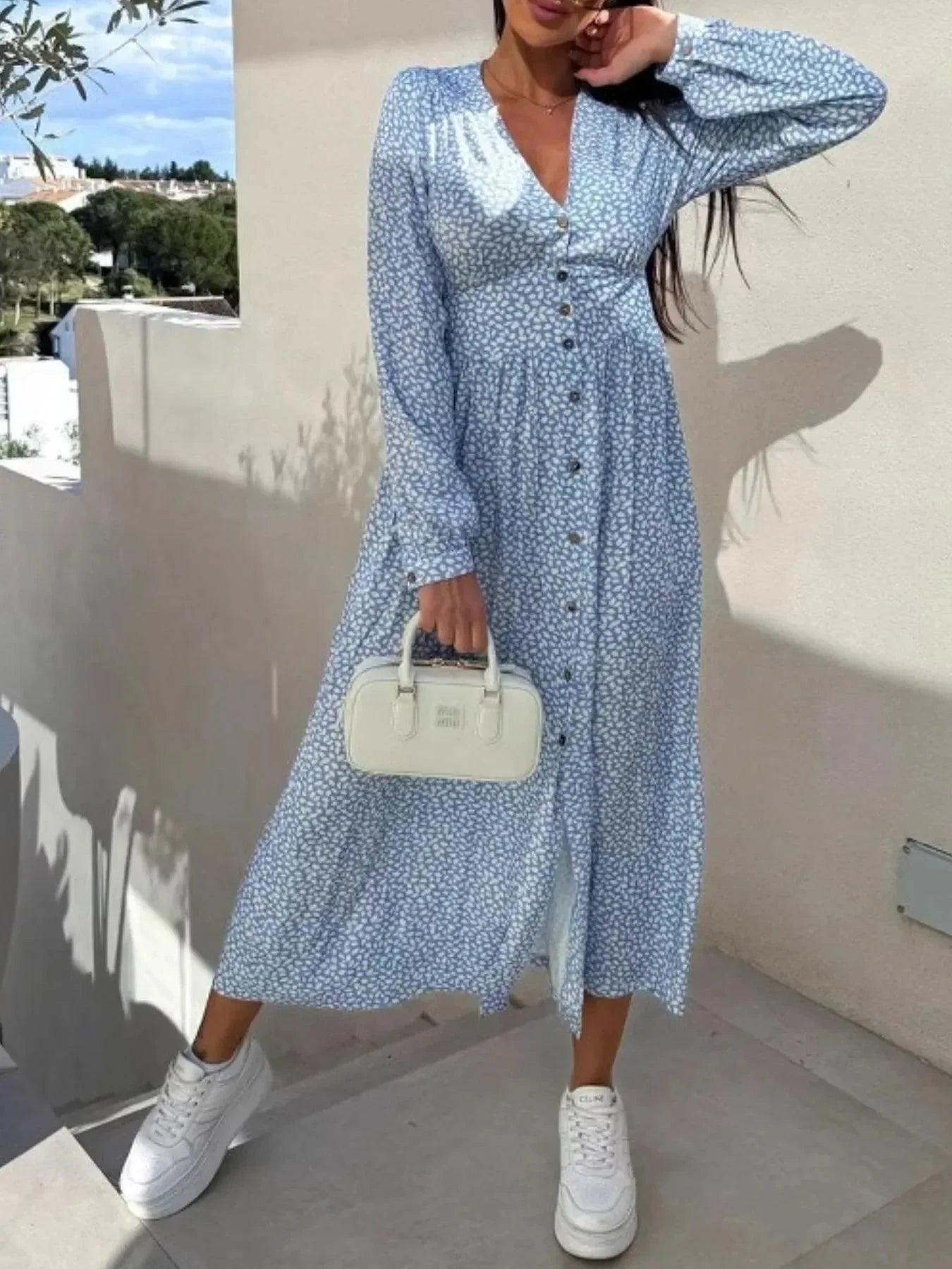 Floral Print Long Sleeve V - Neck Dress - VILLA FASHION