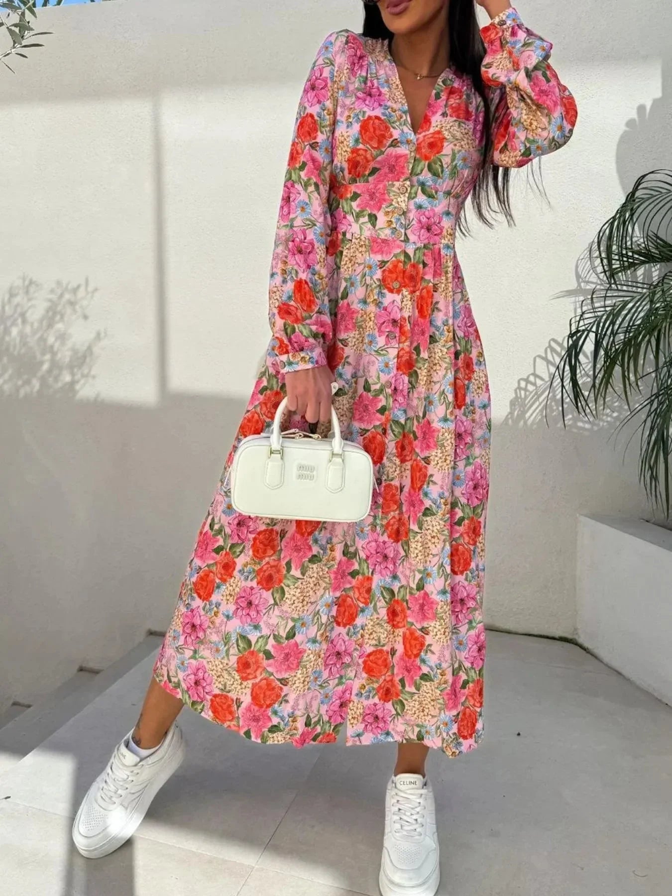 Floral Print Long Sleeve V - Neck Dress - VILLA FASHION