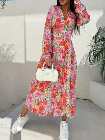 Floral Print Long Sleeve V - Neck Dress - VILLA FASHION