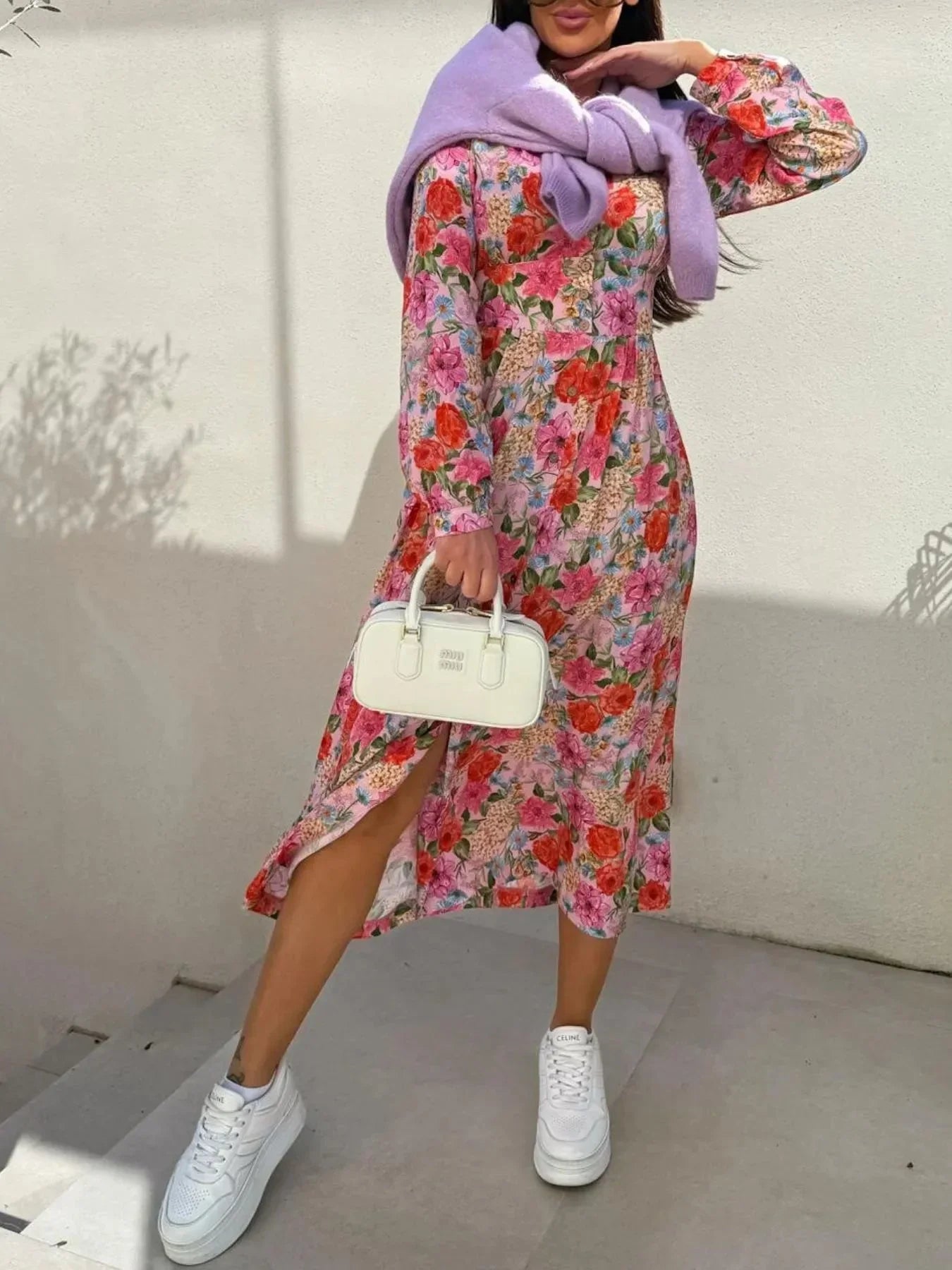 Floral Print Long Sleeve V - Neck Dress - VILLA FASHION