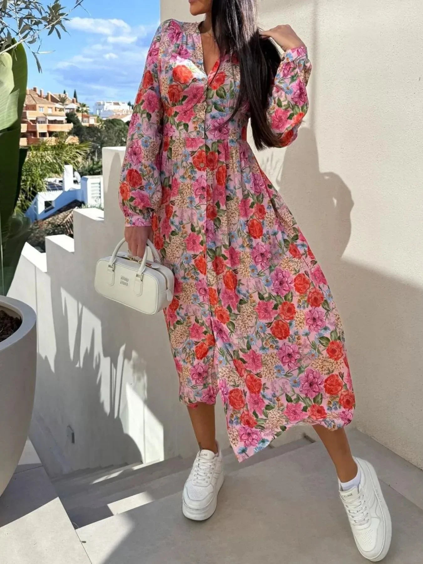 Floral Print Long Sleeve V - Neck Dress - VILLA FASHION