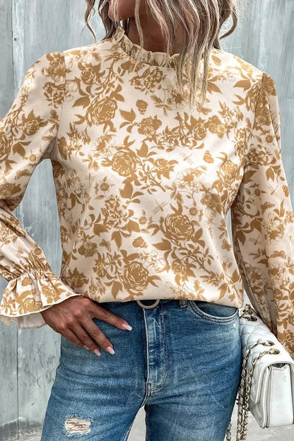Floral Print Mock Neck Flounce Sleeve Blouse - VILLA FASHION