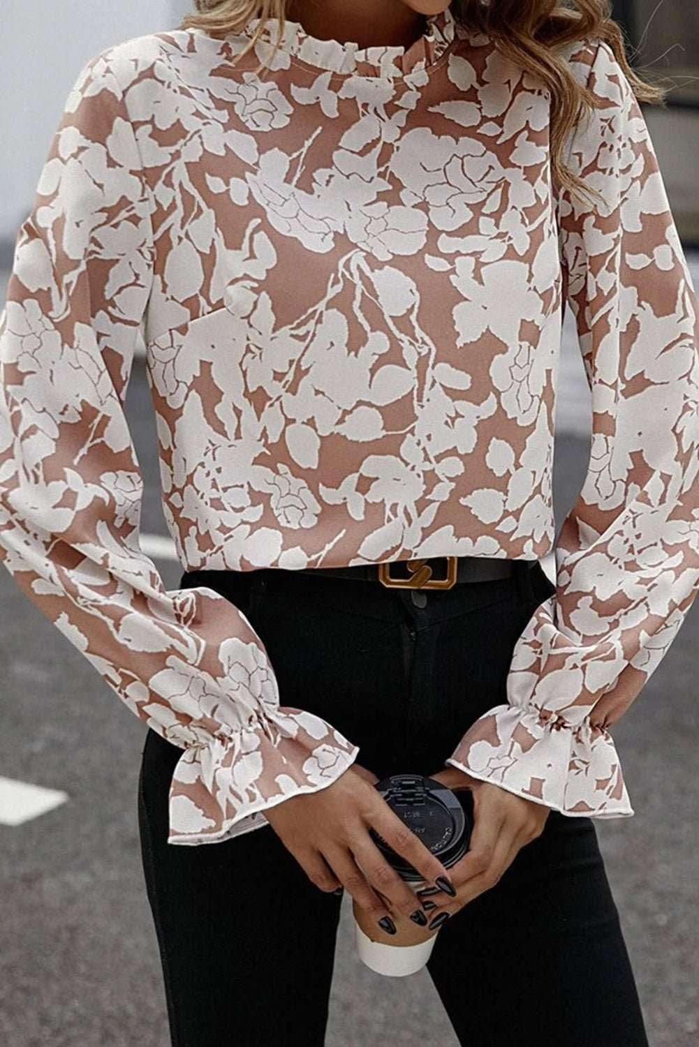 Floral Print Mock Neck Flounce Sleeve Blouse - VILLA FASHION