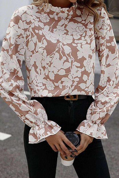 Floral Print Mock Neck Flounce Sleeve Blouse - VILLA FASHION