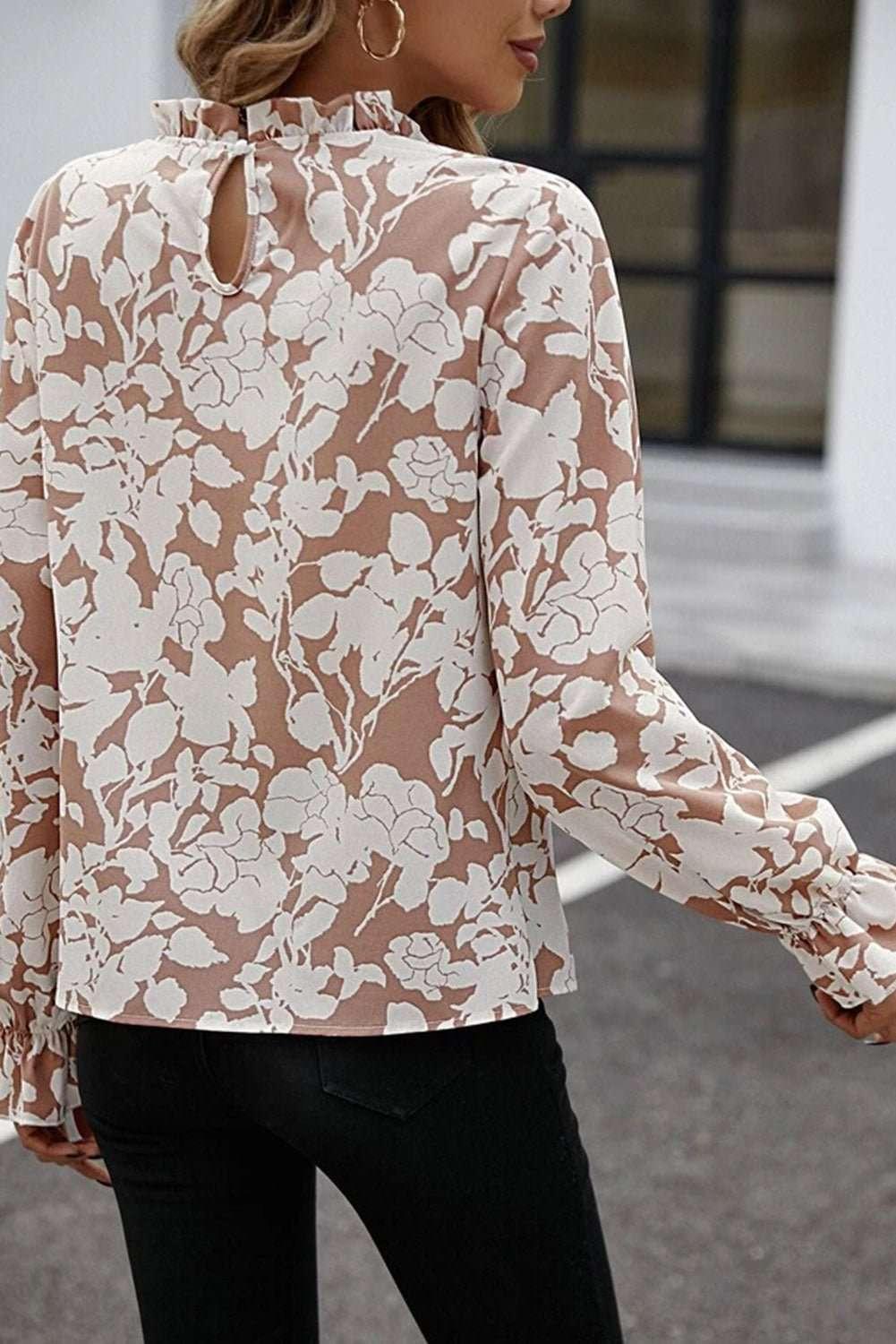 Floral Print Mock Neck Flounce Sleeve Blouse - VILLA FASHION