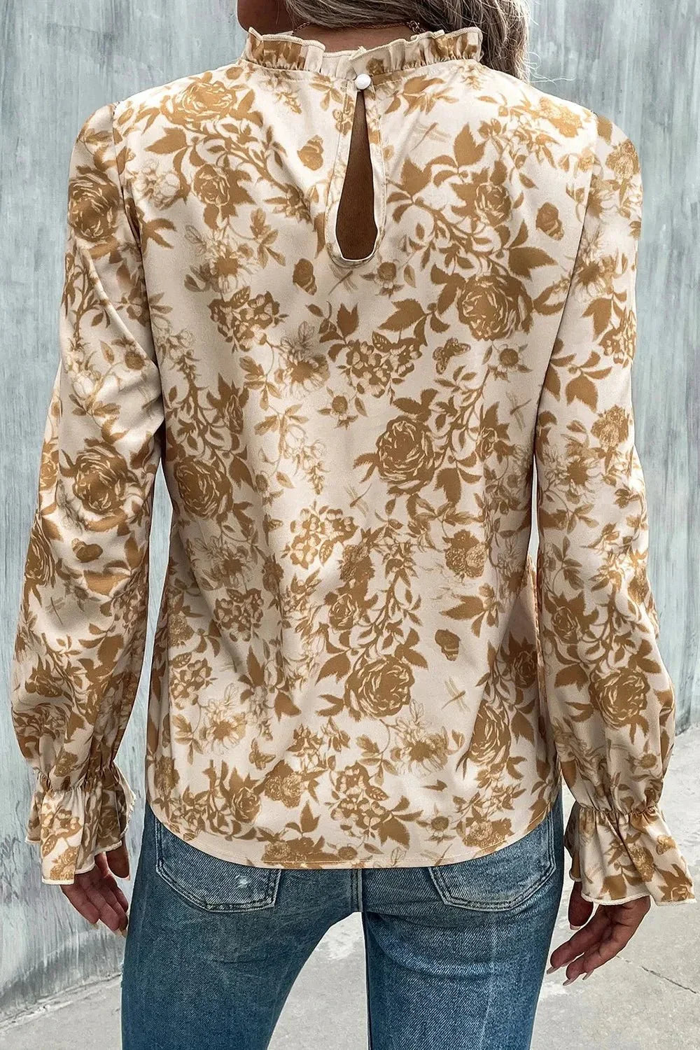 Floral Print Mock Neck Flounce Sleeve Blouse - VILLA FASHION