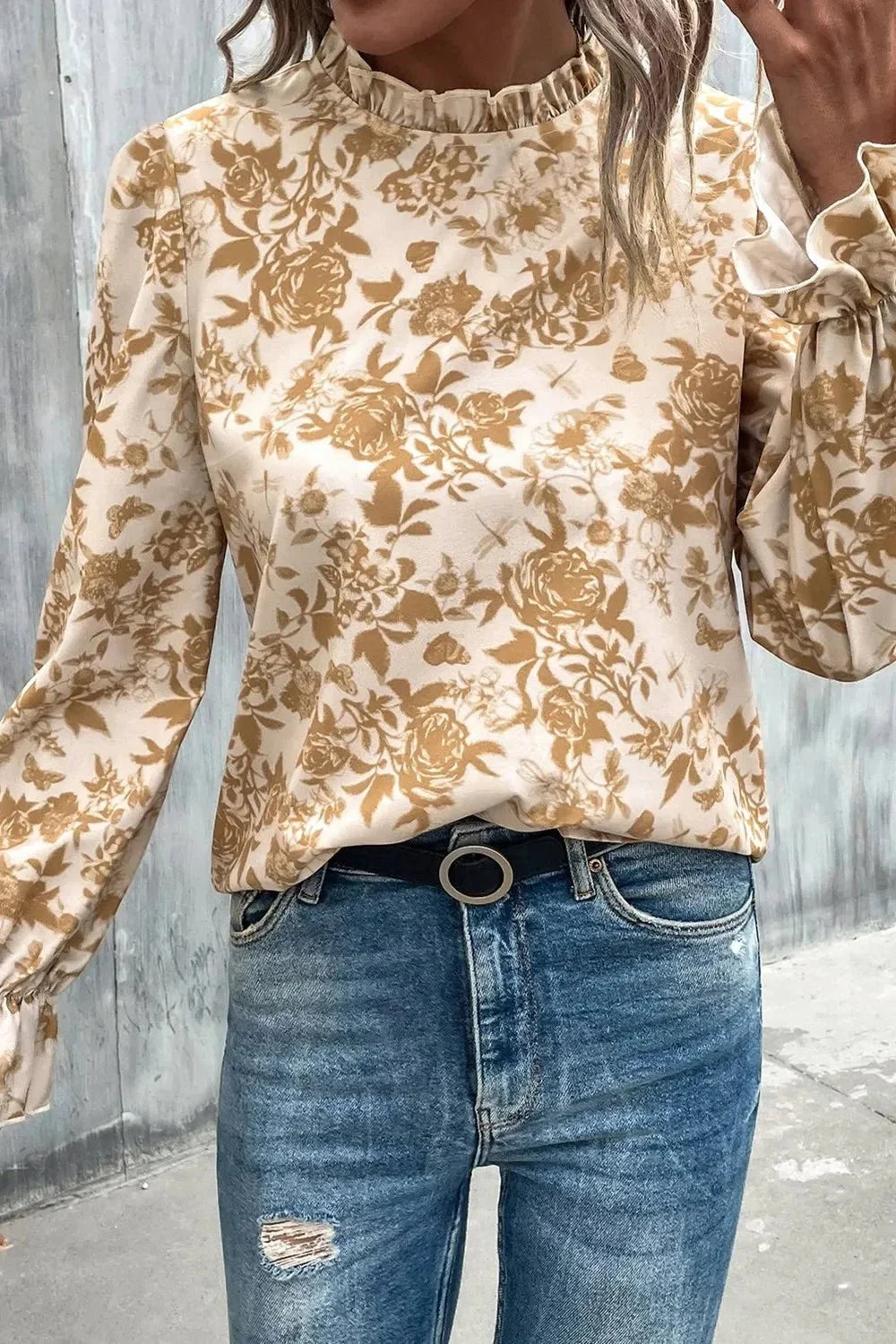 Floral Print Mock Neck Flounce Sleeve Blouse - VILLA FASHION