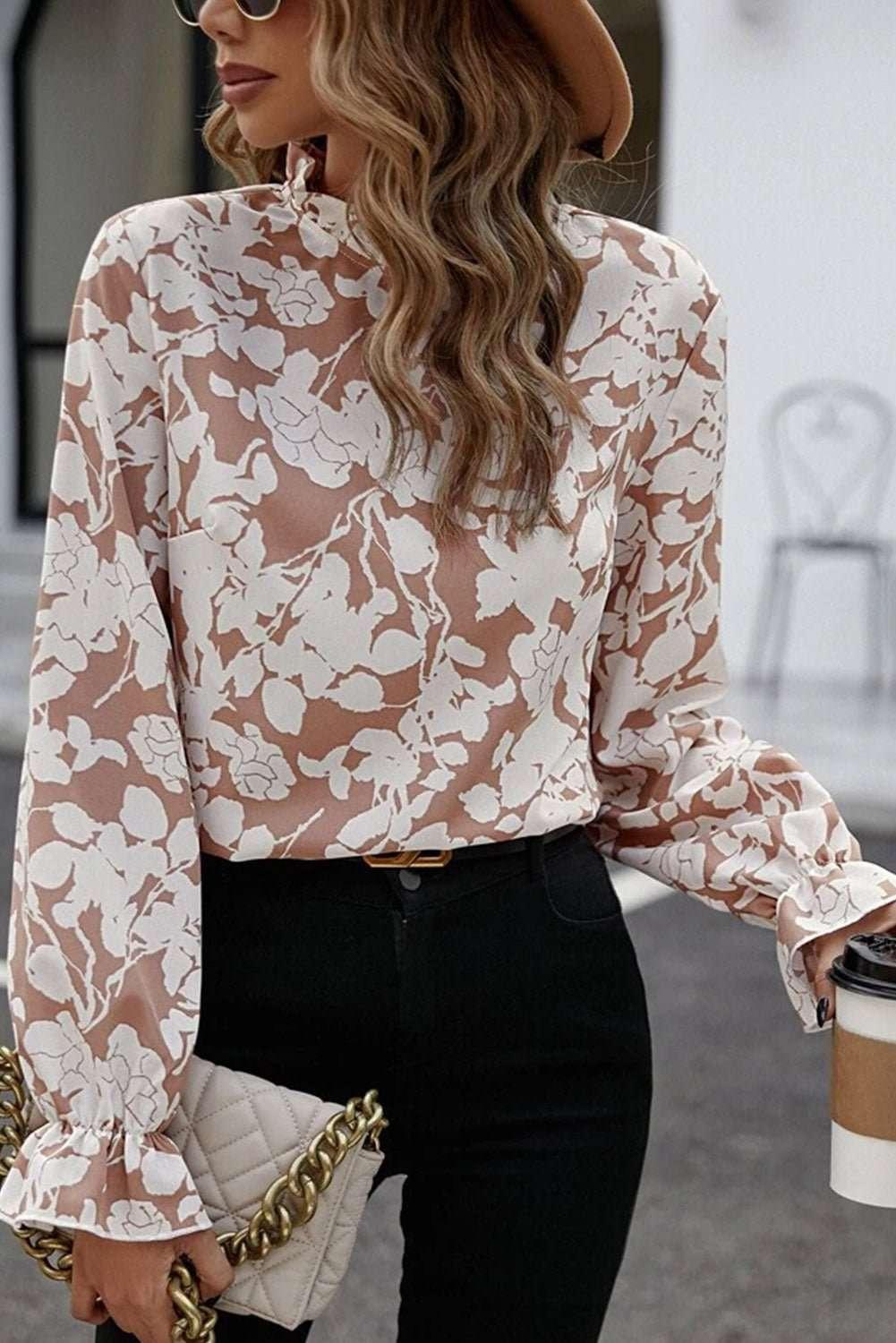Floral Print Mock Neck Flounce Sleeve Blouse - VILLA FASHION