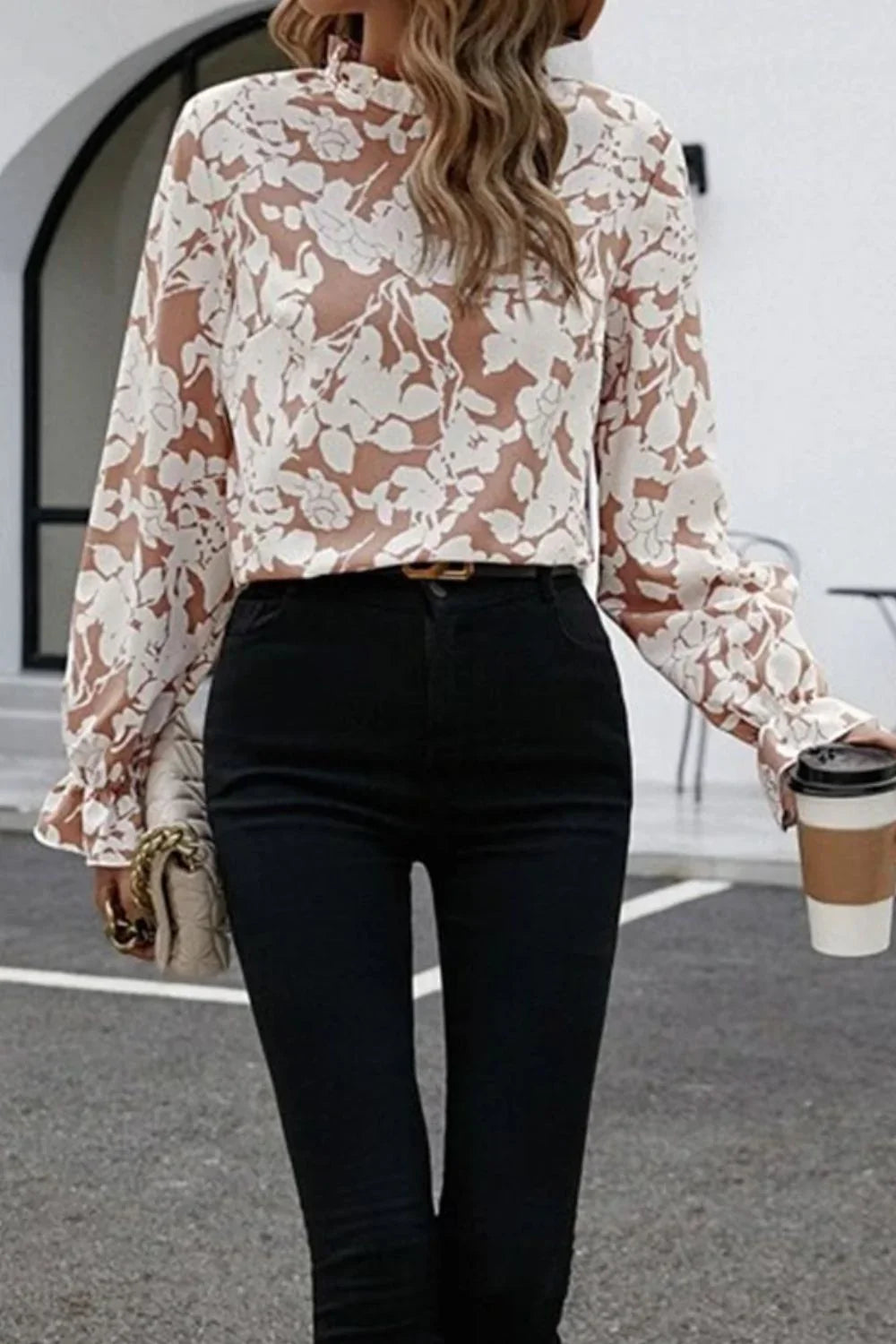 Floral Print Mock Neck Flounce Sleeve Blouse - VILLA FASHION
