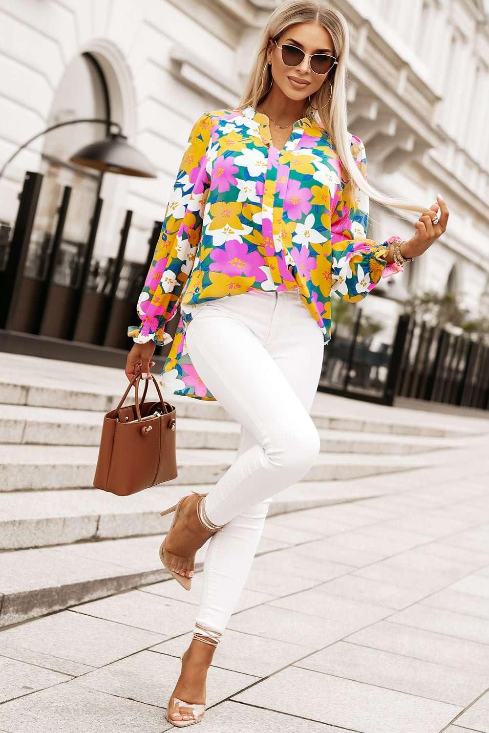 Floral Print Notched Neck Lantern Sleeve Blouse - VILLA FASHION