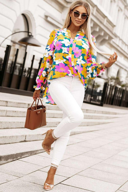Floral Print Notched Neck Lantern Sleeve Blouse - VILLA FASHION