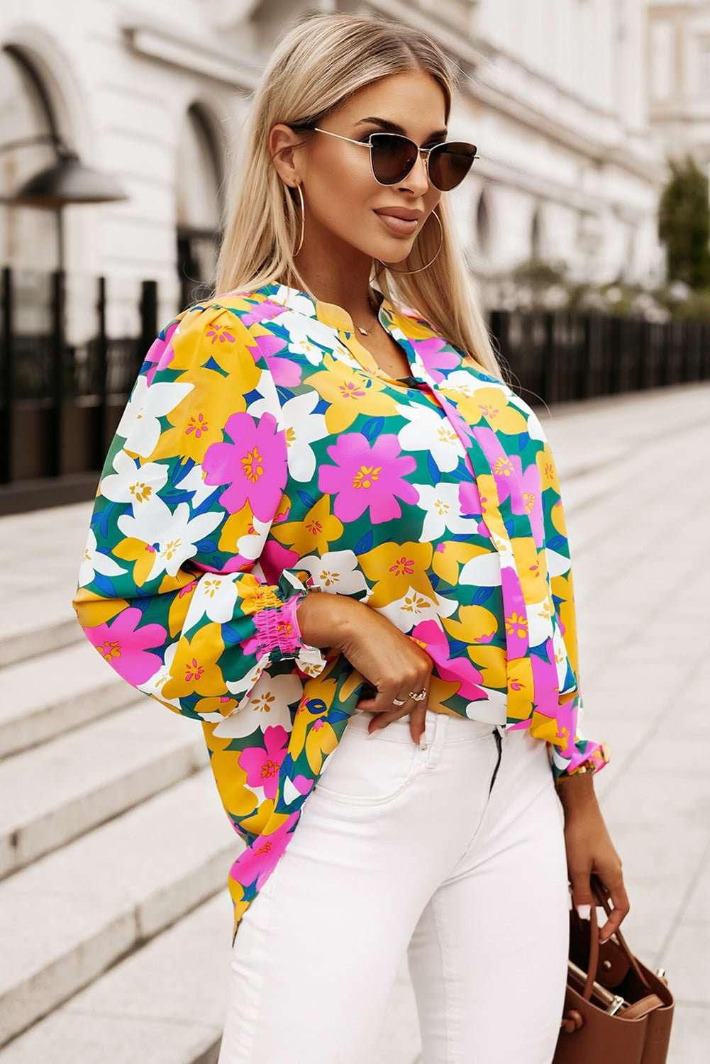 Floral Print Notched Neck Lantern Sleeve Blouse - VILLA FASHION