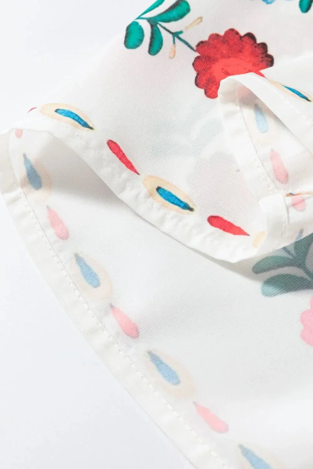 Floral Print Round Neck Ruffle Trim Blouse - VILLA FASHION