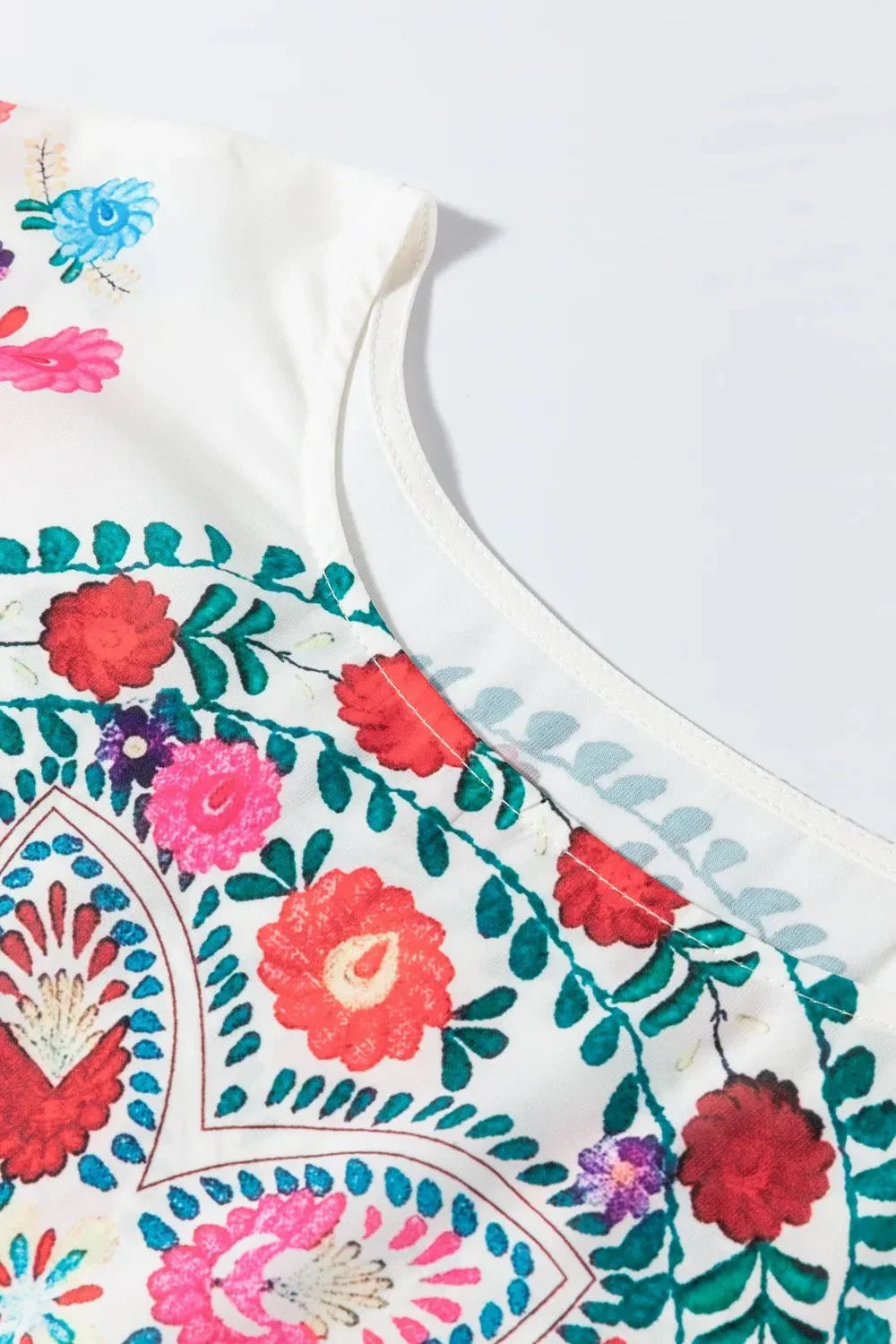 Floral Print Round Neck Ruffle Trim Blouse - VILLA FASHION