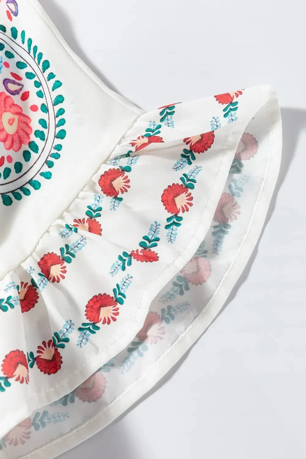 Floral Print Round Neck Ruffle Trim Blouse - VILLA FASHION