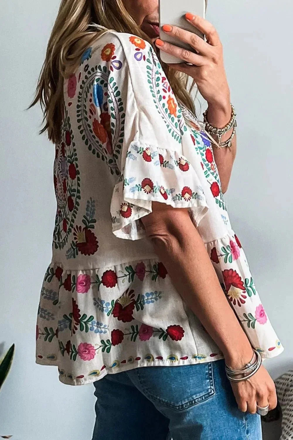 Floral Print Round Neck Ruffle Trim Blouse - VILLA FASHION